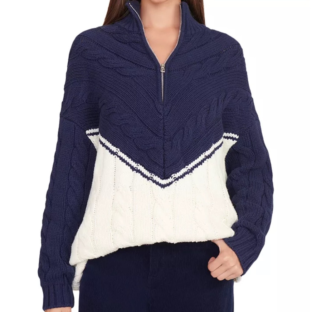 STAUD Hampton Half Zip Cable Knit Long Sweater Knit - Navy/Ivory Casual Two Tone - Picture 9 of 10
